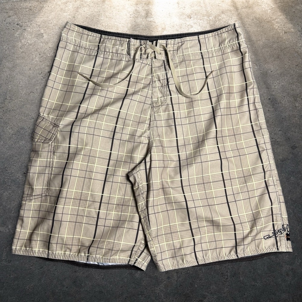 Quiksilver Plaid Board Shorts Tan Black Yellow Y2K Skater Men's Size 36